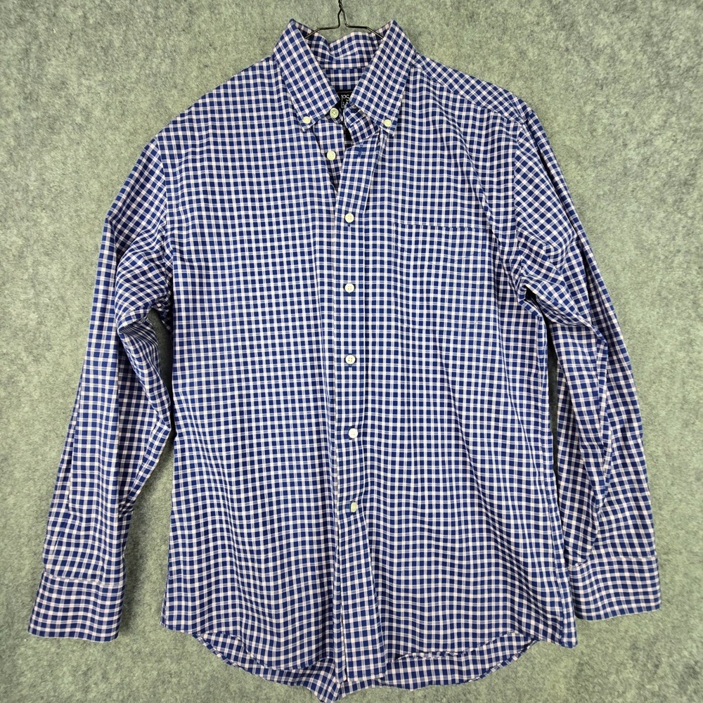 Jos A Bank Traveler Shirt Mens Medium Tailored Fit Blue Gingham Plaid Cotton